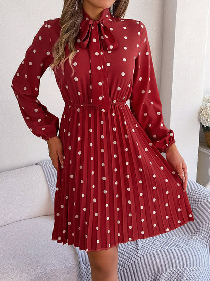 Polka Dot Bow Tie Neck Long Sleeve Pleated Dress