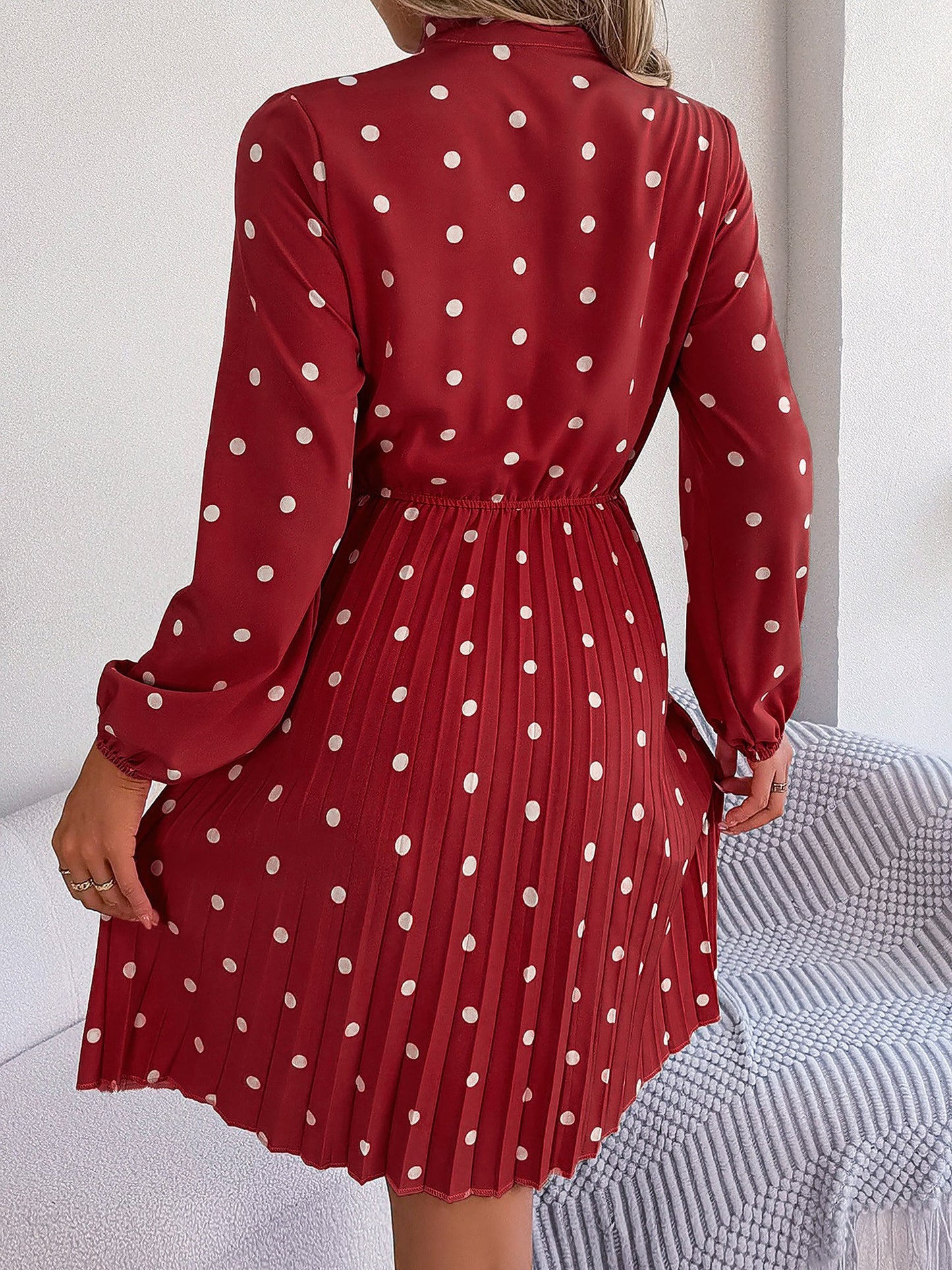 Polka Dot Bow Tie Neck Long Sleeve Pleated Dress