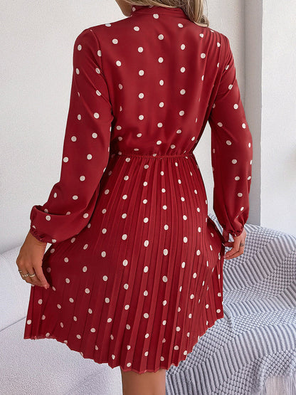 Polka Dot Bow Tie Neck Long Sleeve Pleated Dress