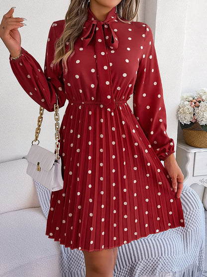 Polka Dot Bow Tie Neck Long Sleeve Pleated Dress