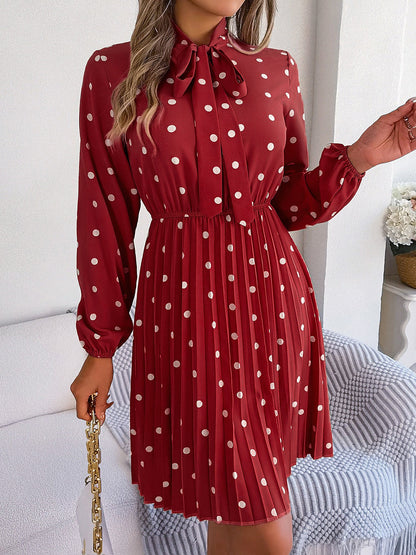 Polka Dot Bow Tie Neck Long Sleeve Pleated Dress