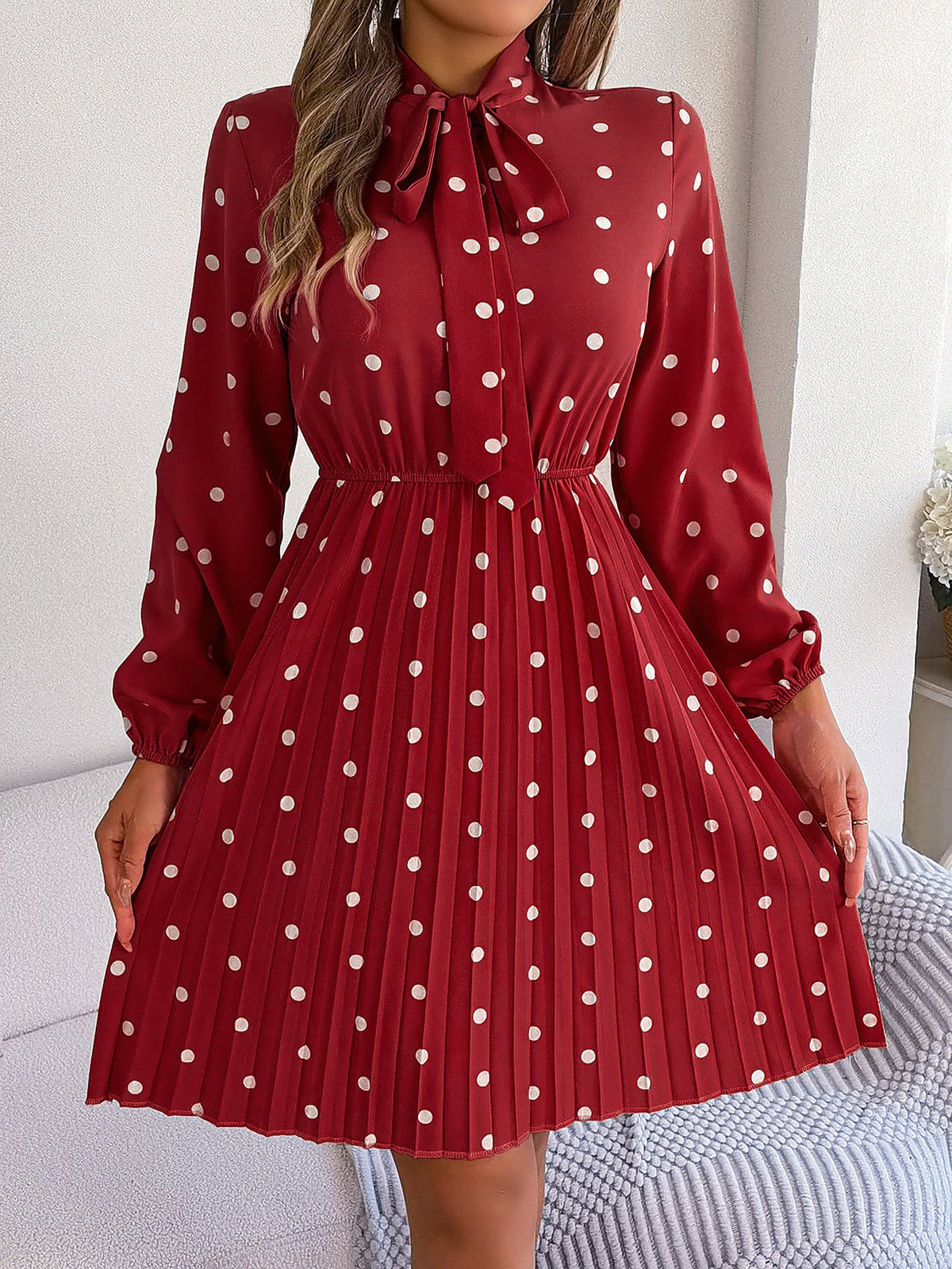 Polka Dot Bow Tie Neck Long Sleeve Pleated Dress