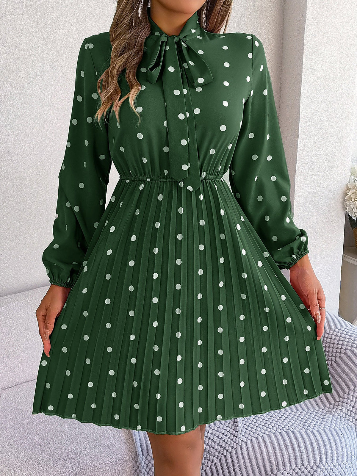 Polka Dot Bow Tie Neck Long Sleeve Pleated Dress
