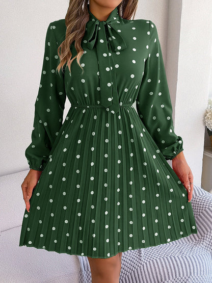 Polka Dot Bow Tie Neck Long Sleeve Pleated Dress