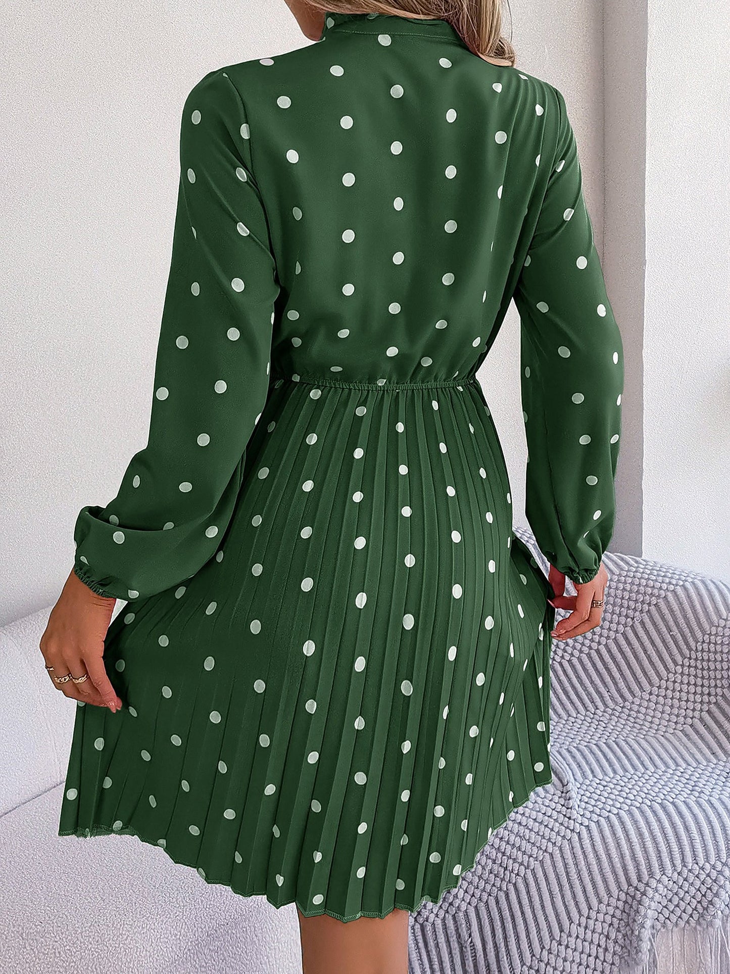 Polka Dot Bow Tie Neck Long Sleeve Pleated Dress