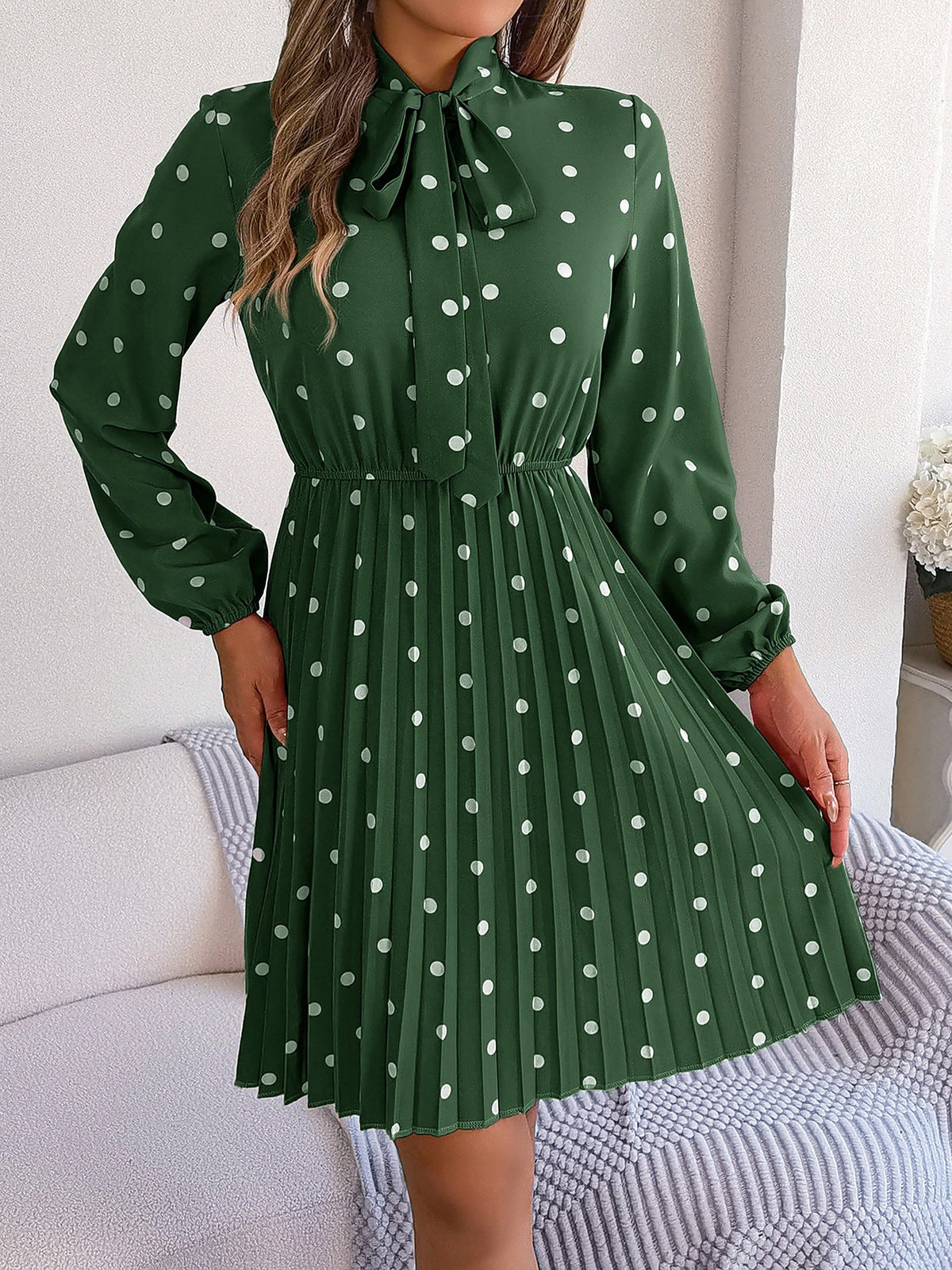 Polka Dot Bow Tie Neck Long Sleeve Pleated Dress