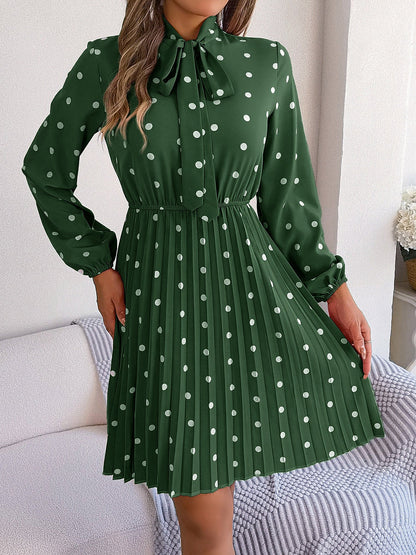 Polka Dot Bow Tie Neck Long Sleeve Pleated Dress
