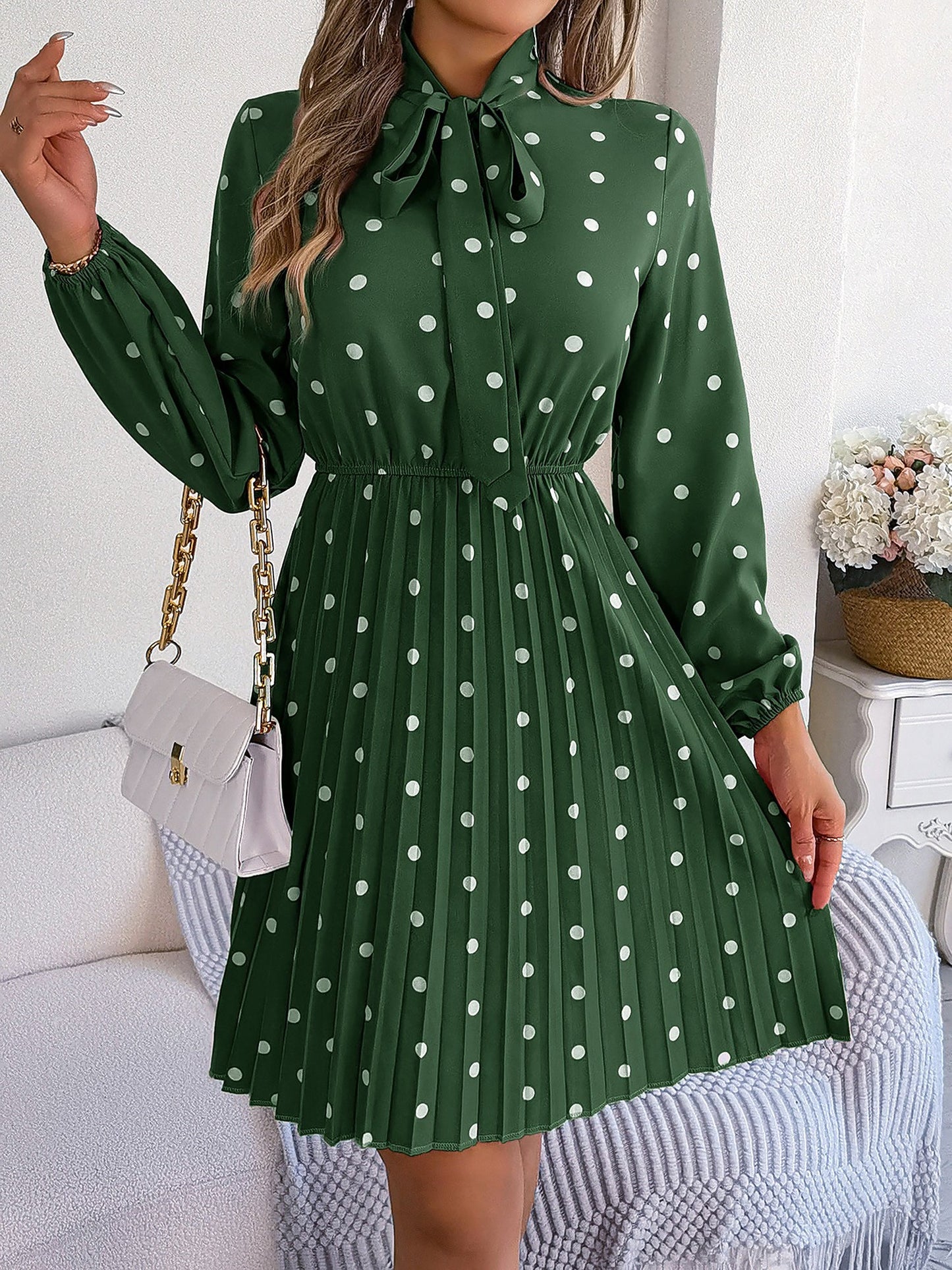 Polka Dot Bow Tie Neck Long Sleeve Pleated Dress