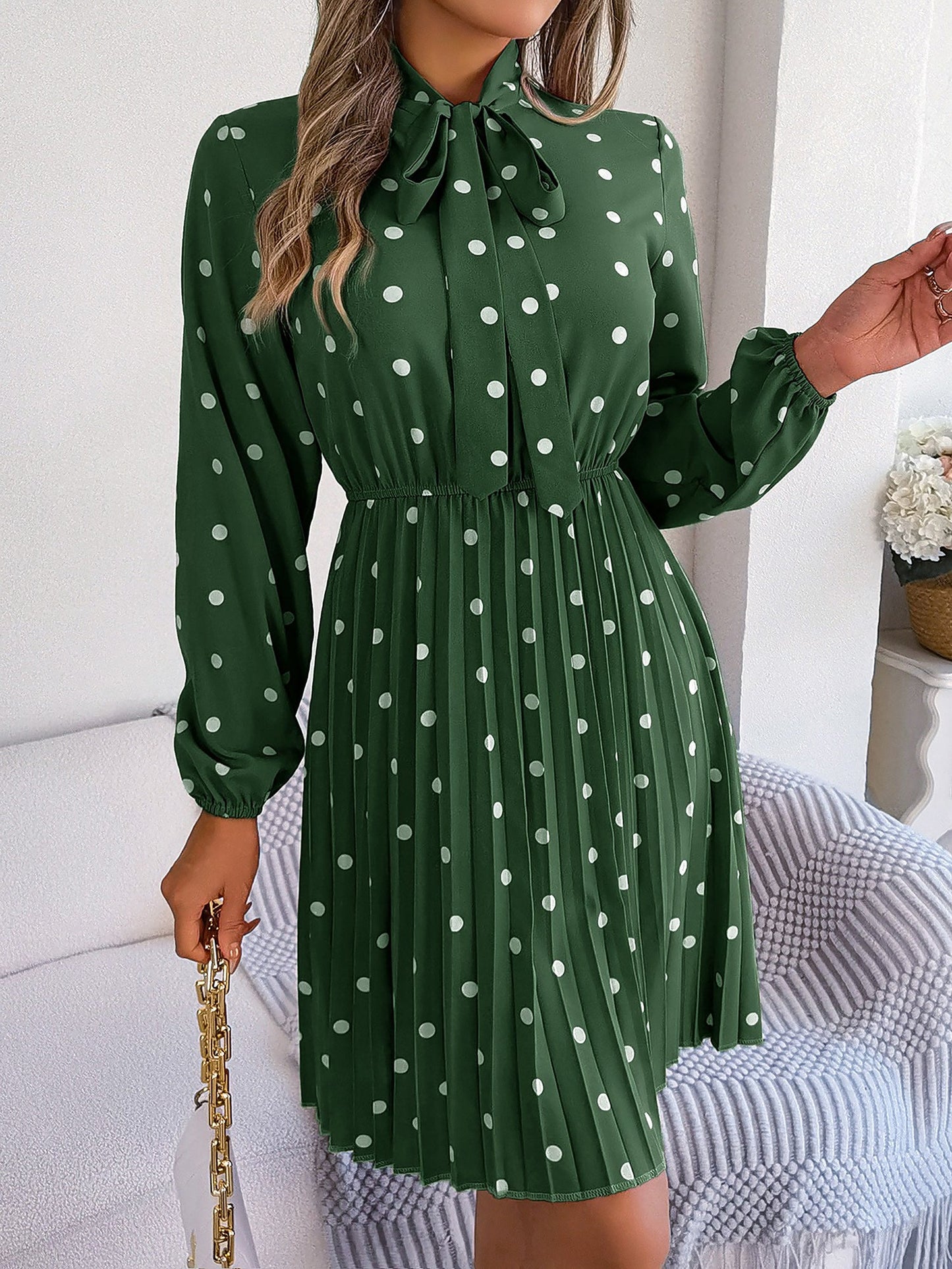 Polka Dot Bow Tie Neck Long Sleeve Pleated Dress
