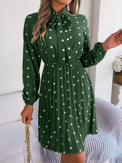 Polka Dot Bow Tie Neck Long Sleeve Pleated Dress