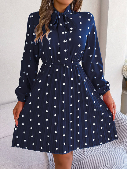 Polka Dot Bow Tie Neck Long Sleeve Pleated Dress