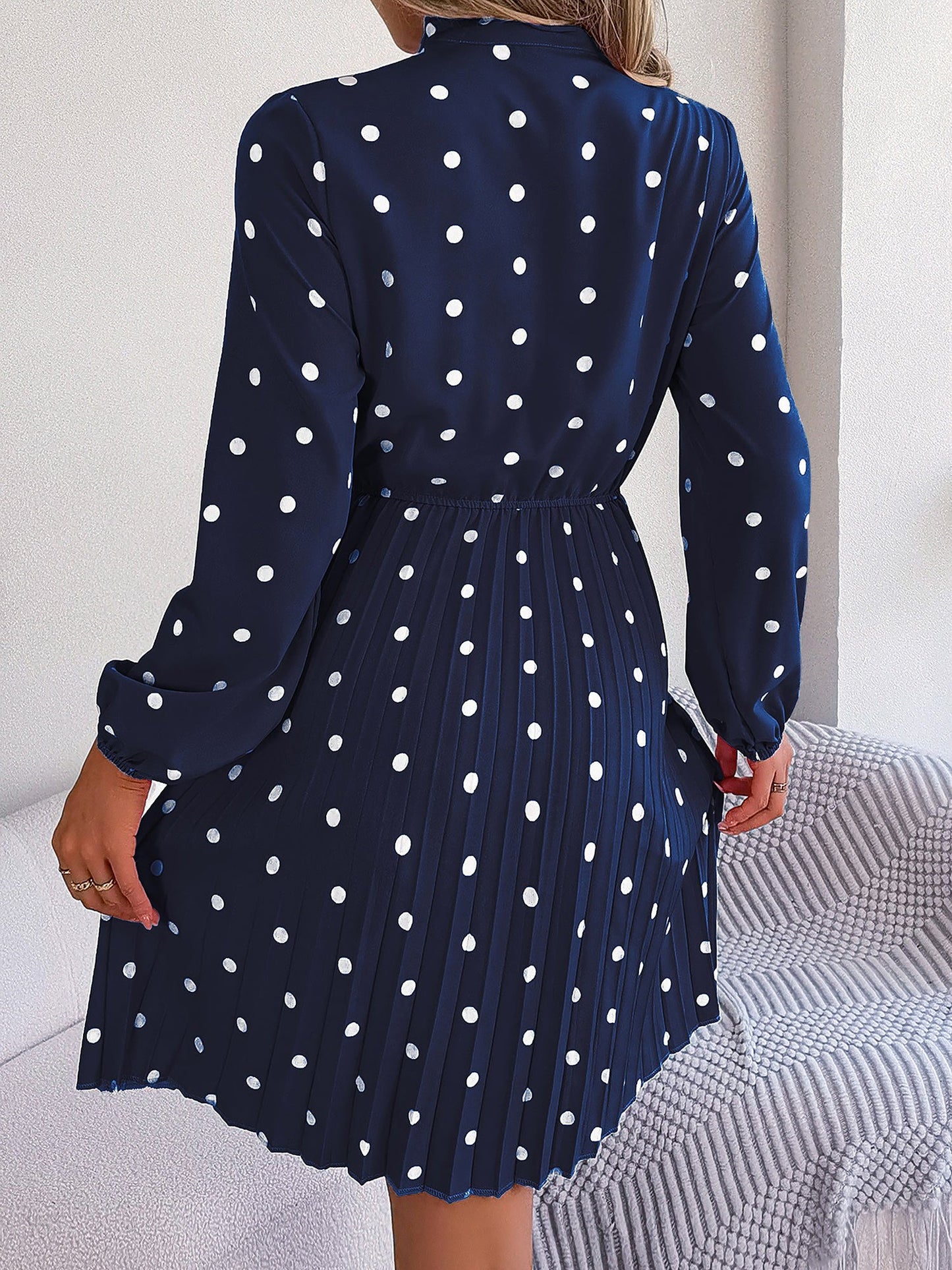 Polka Dot Bow Tie Neck Long Sleeve Pleated Dress