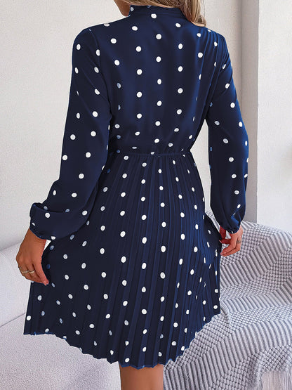 Polka Dot Bow Tie Neck Long Sleeve Pleated Dress