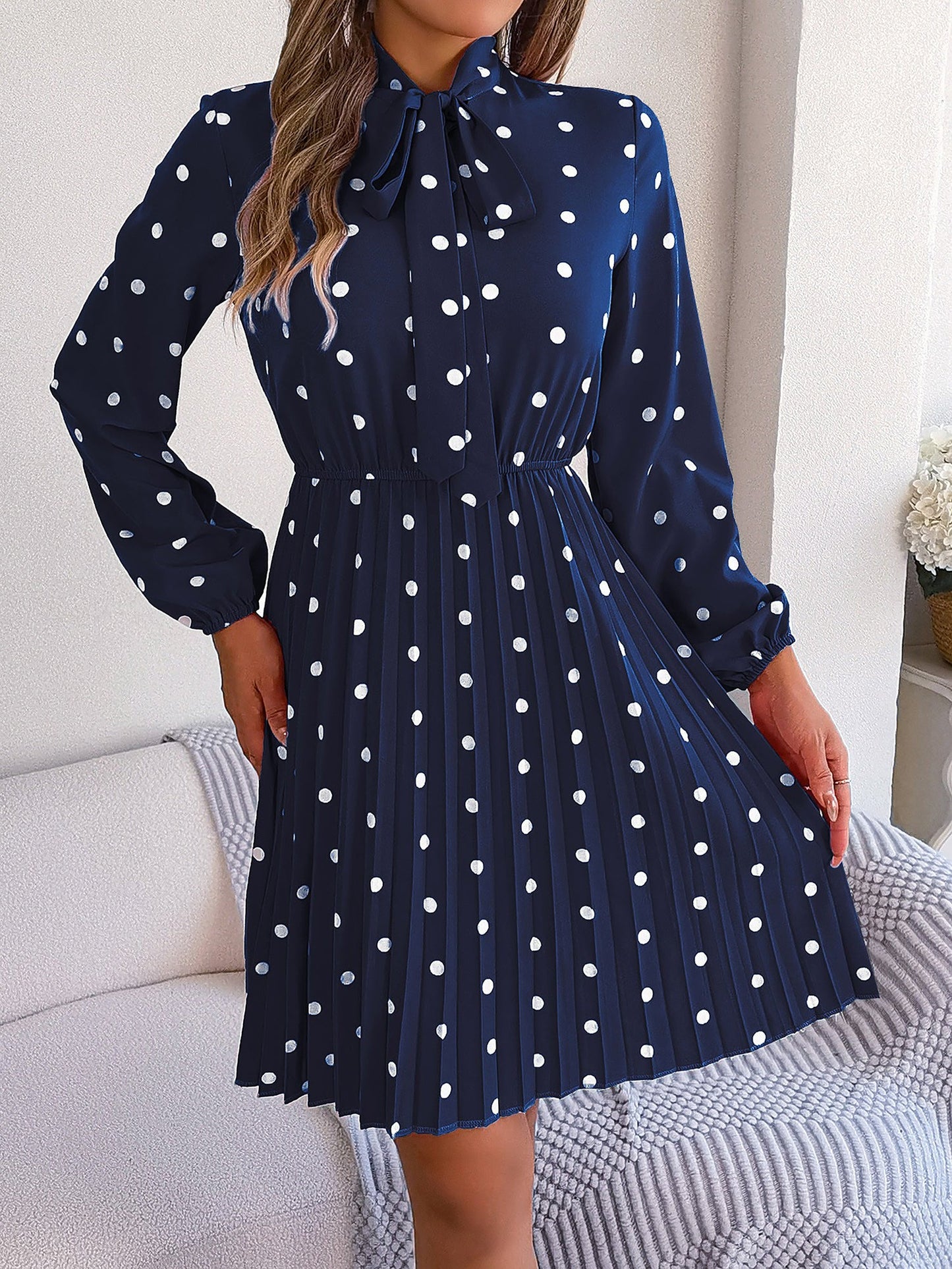 Polka Dot Bow Tie Neck Long Sleeve Pleated Dress