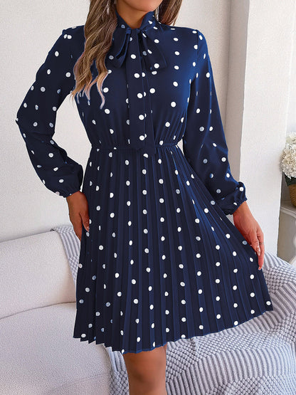 Polka Dot Bow Tie Neck Long Sleeve Pleated Dress