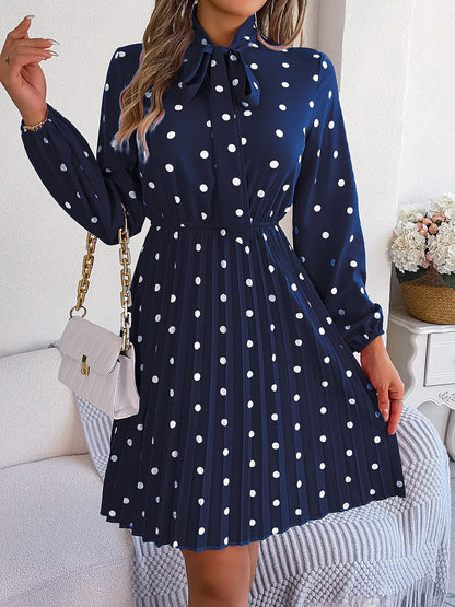 Polka Dot Bow Tie Neck Long Sleeve Pleated Dress