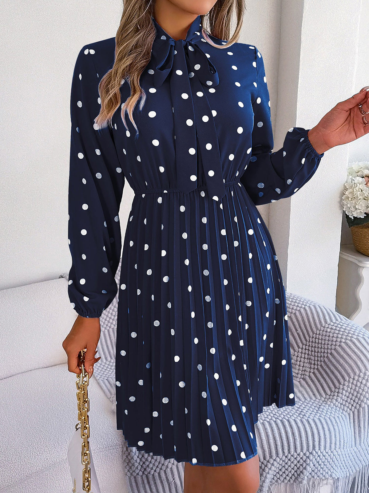Polka Dot Bow Tie Neck Long Sleeve Pleated Dress