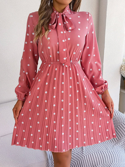 Polka Dot Bow Tie Neck Long Sleeve Pleated Dress