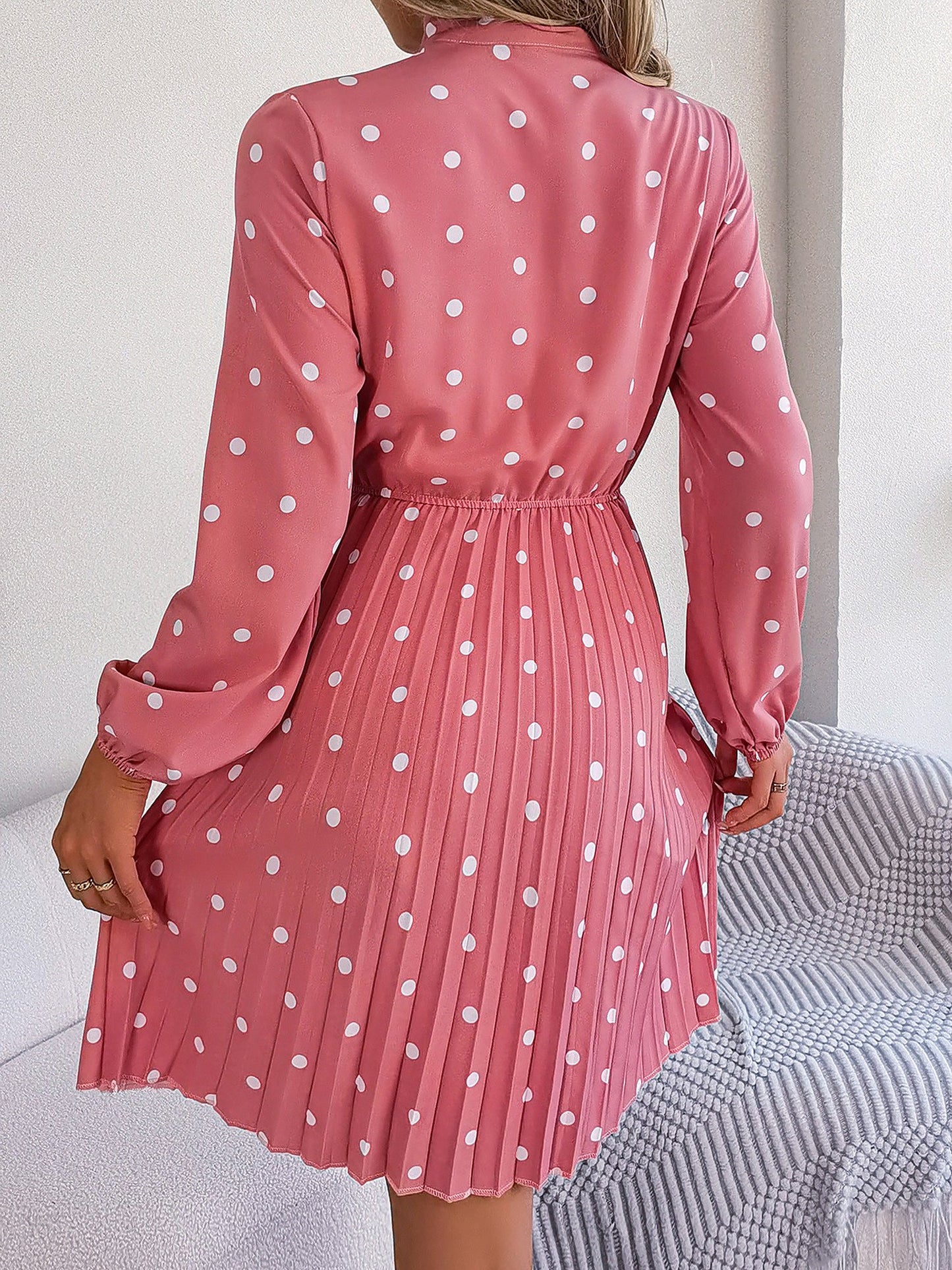 Polka Dot Bow Tie Neck Long Sleeve Pleated Dress