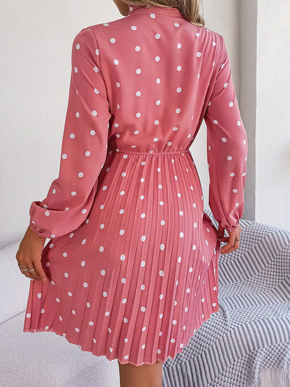 Polka Dot Bow Tie Neck Long Sleeve Pleated Dress