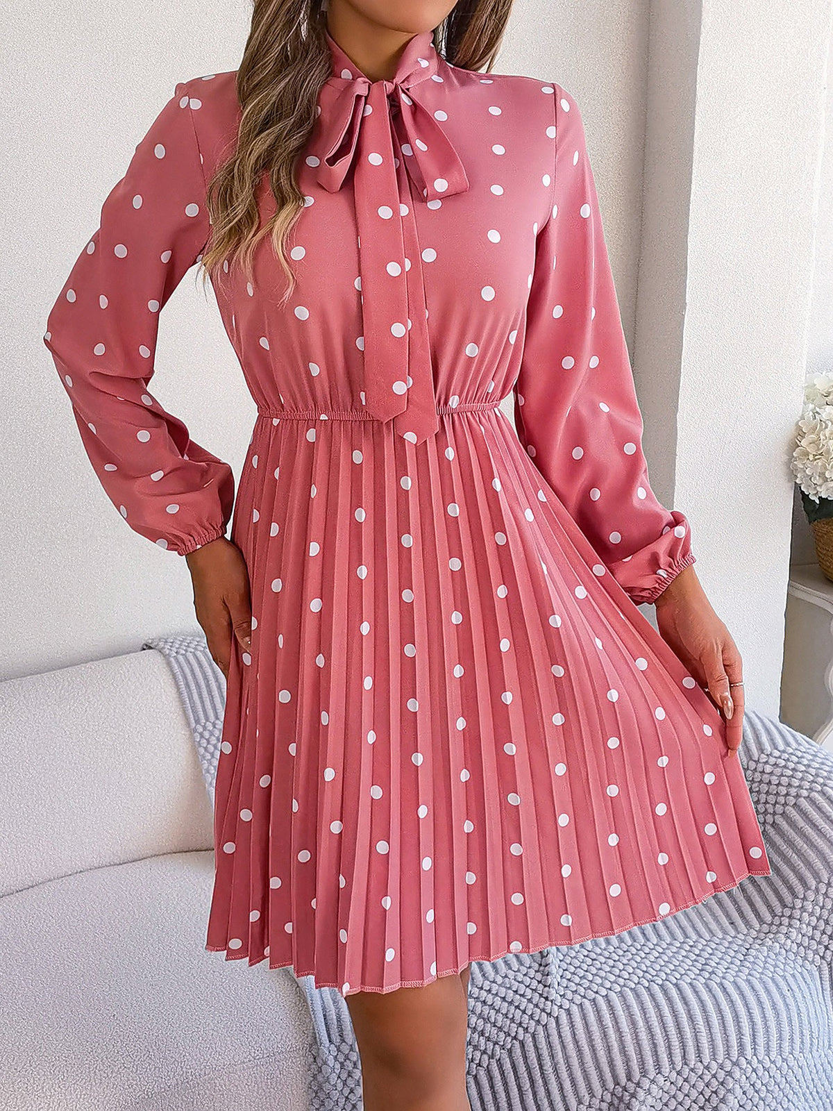 Polka Dot Bow Tie Neck Long Sleeve Pleated Dress