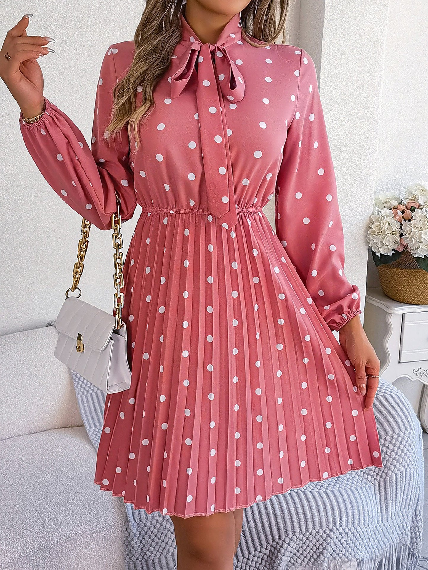 Polka Dot Bow Tie Neck Long Sleeve Pleated Dress