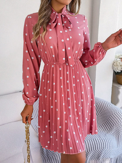 Polka Dot Bow Tie Neck Long Sleeve Pleated Dress