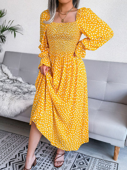 Square Neck Smocked Graphic Long Sleeve Maxi Dress