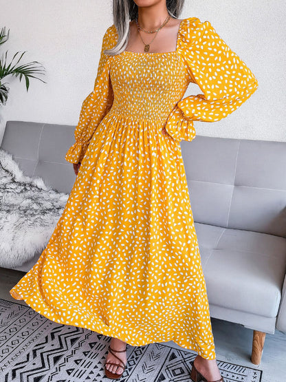 Square Neck Smocked Graphic Long Sleeve Maxi Dress