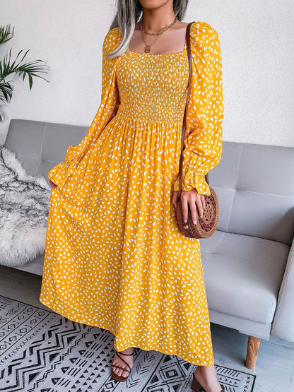 Square Neck Smocked Graphic Long Sleeve Maxi Dress