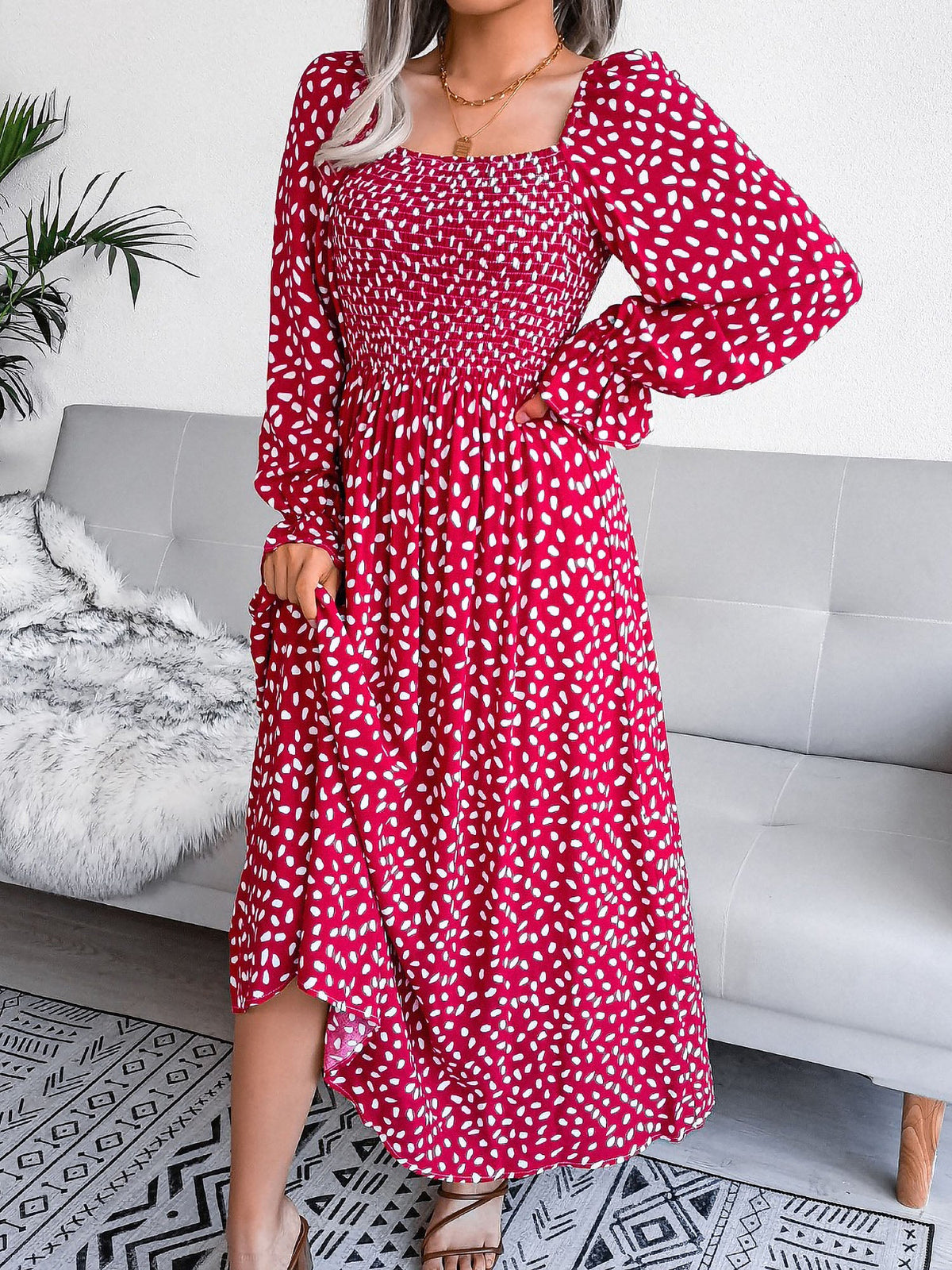 Square Neck Smocked Graphic Long Sleeve Maxi Dress