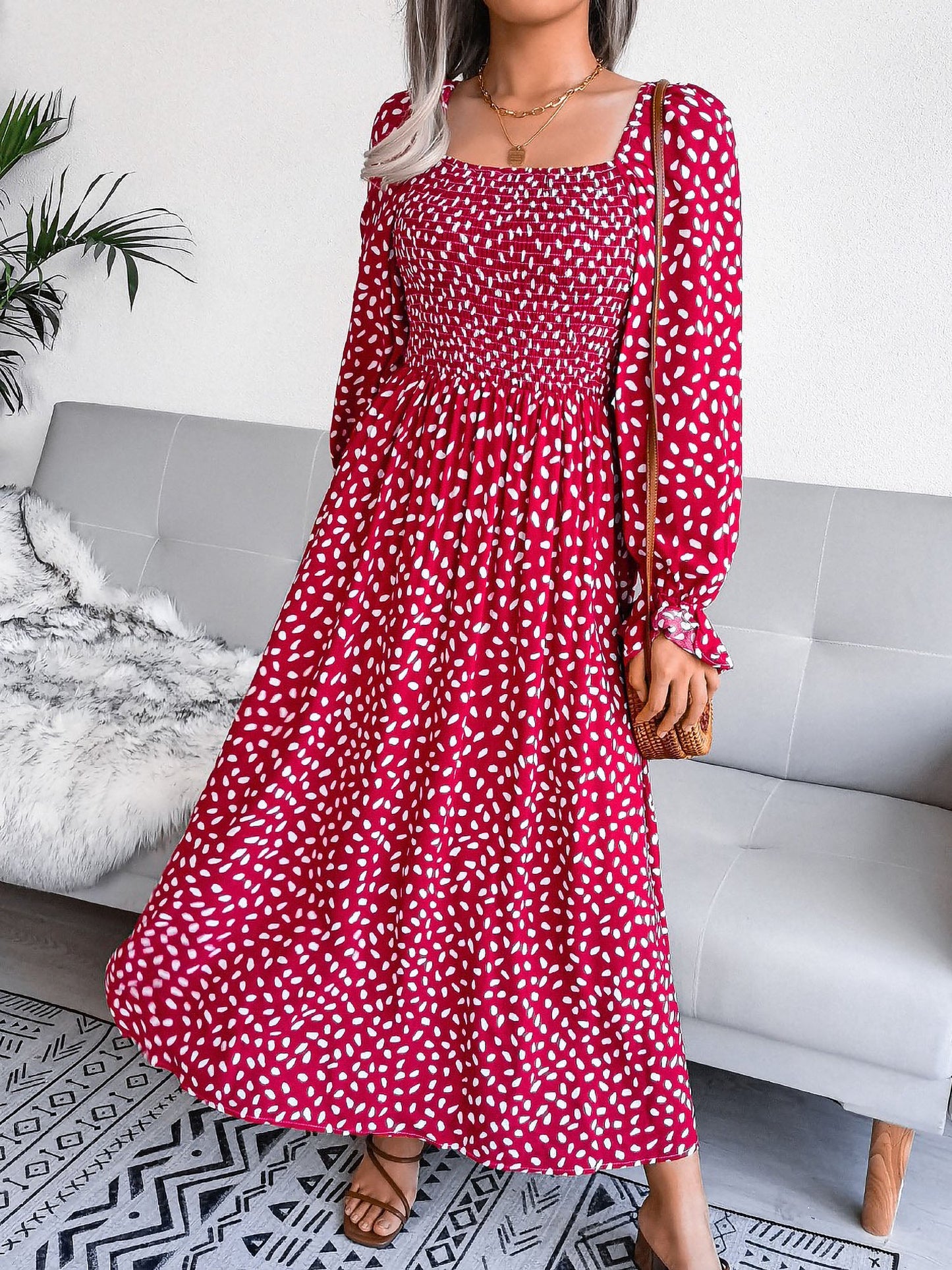 Square Neck Smocked Graphic Long Sleeve Maxi Dress