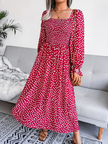 Square Neck Smocked Graphic Long Sleeve Maxi Dress