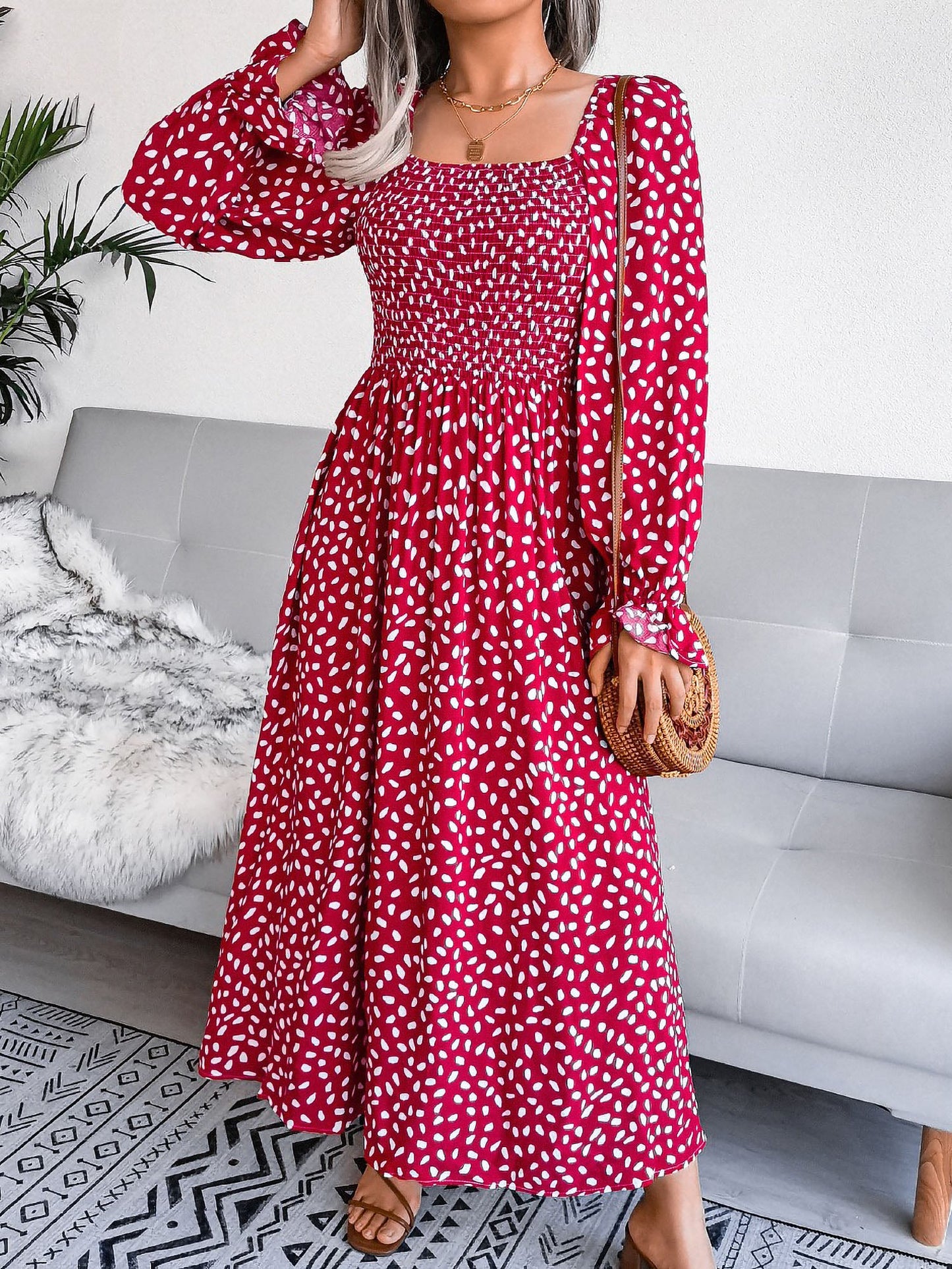 Square Neck Smocked Graphic Long Sleeve Maxi Dress