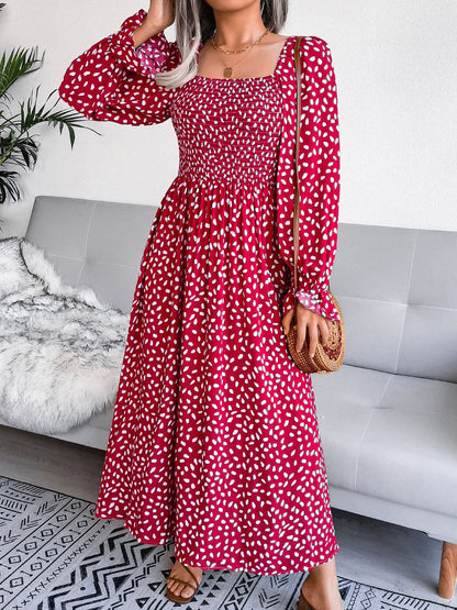 Square Neck Smocked Graphic Long Sleeve Maxi Dress
