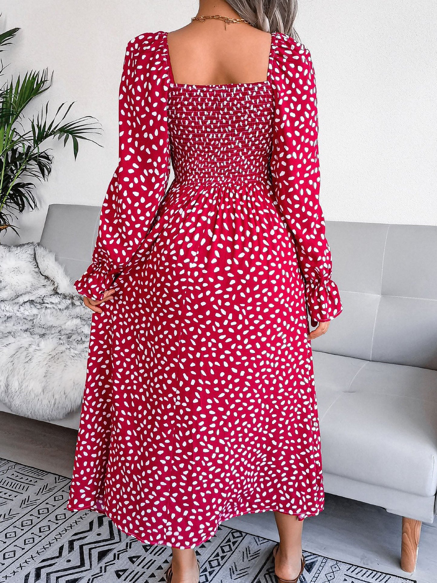 Square Neck Smocked Graphic Long Sleeve Maxi Dress