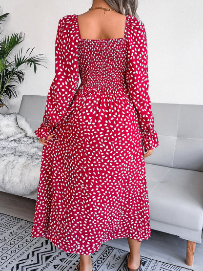 Square Neck Smocked Graphic Long Sleeve Maxi Dress