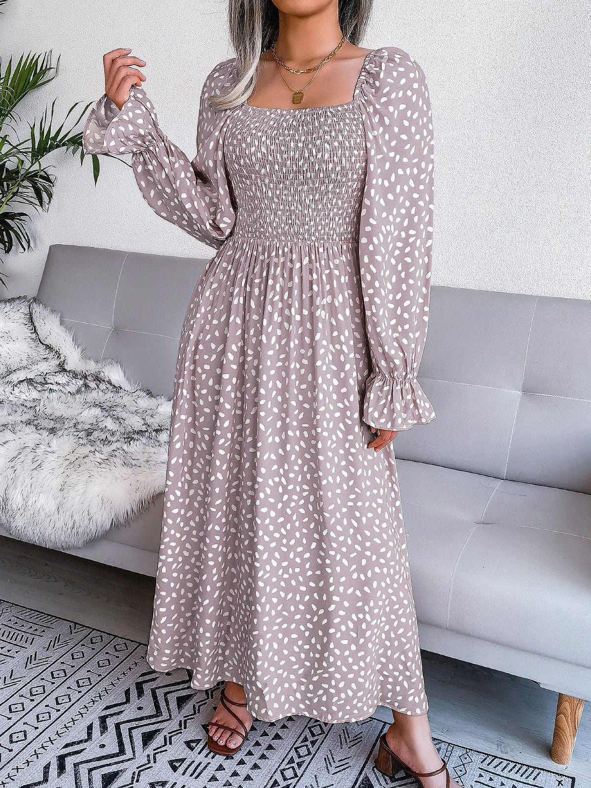 Square Neck Smocked Graphic Long Sleeve Maxi Dress