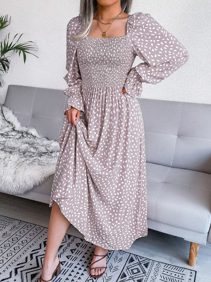 Square Neck Smocked Graphic Long Sleeve Maxi Dress