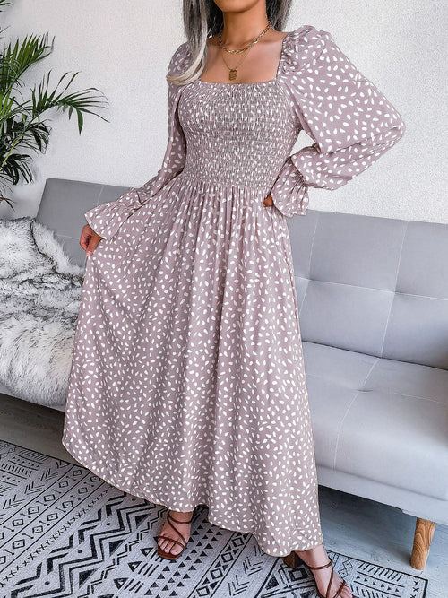 Square Neck Smocked Graphic Long Sleeve Maxi Dress