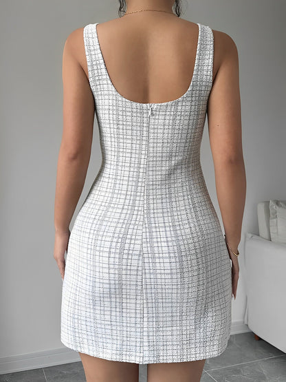 U Neck Tweed Sleeveless Plaid Bodycon Mini Dress