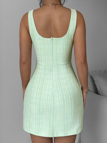 U Neck Tweed Sleeveless Plaid Bodycon Mini Dress
