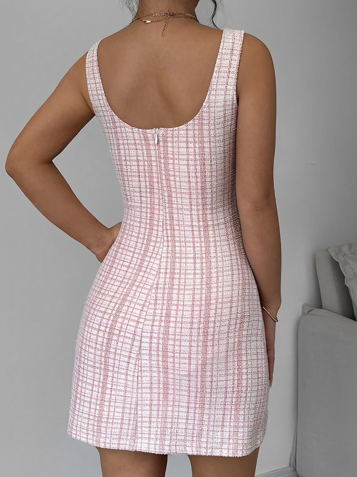 U Neck Tweed Sleeveless Plaid Bodycon Mini Dress