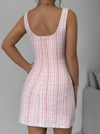 U Neck Tweed Sleeveless Plaid Bodycon Mini Dress