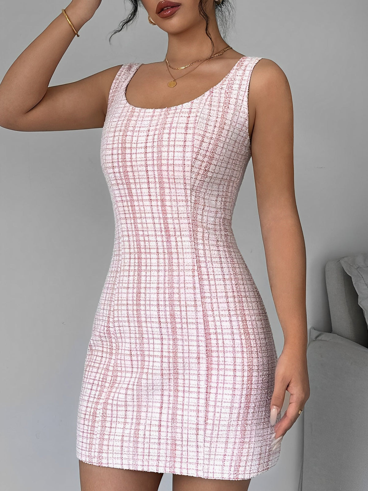 U Neck Tweed Sleeveless Plaid Bodycon Mini Dress
