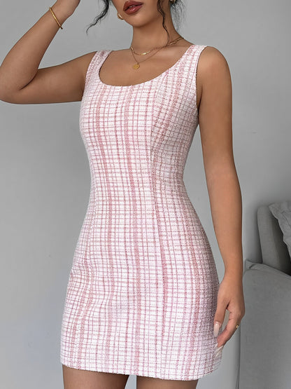 U Neck Tweed Sleeveless Plaid Bodycon Mini Dress