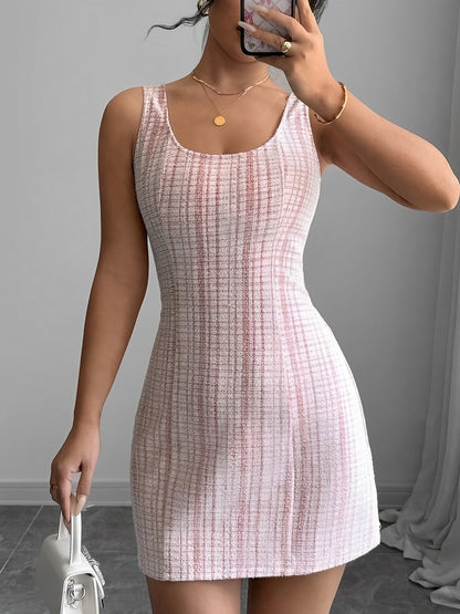 U Neck Tweed Sleeveless Plaid Bodycon Mini Dress