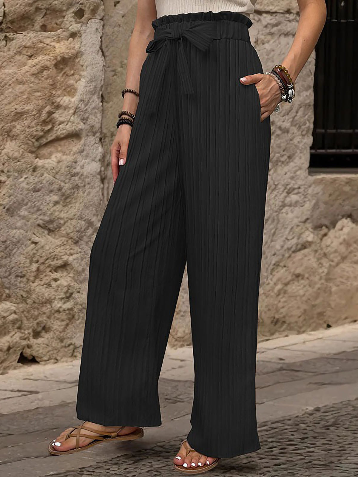 Ruffle Bow Tie Straight Legs Textured Paper Bag Pants