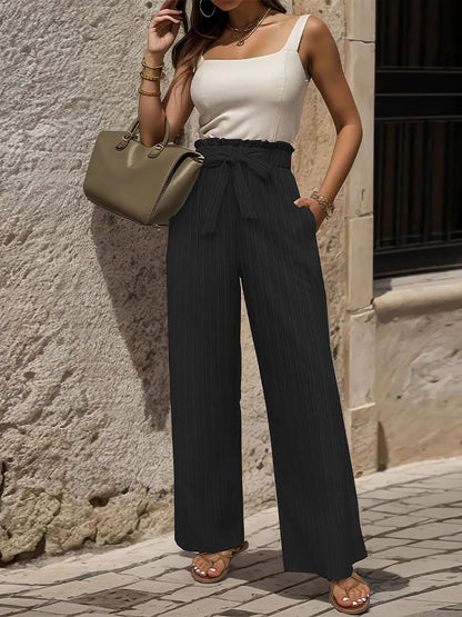 Ruffle Bow Tie Straight Legs Textured Paper Bag Pants