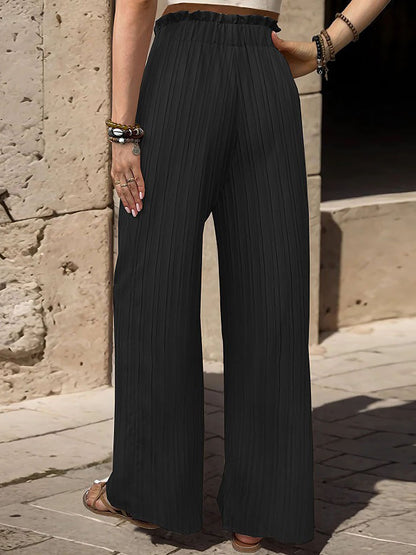 Ruffle Bow Tie Straight Legs Textured Paper Bag Pants